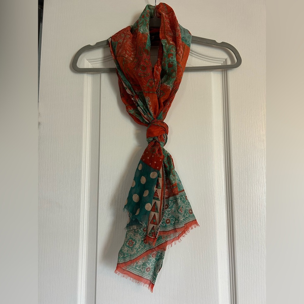 F&F Green, Orange, and White Lightweight Patchwork Dot Print Scarf Made in Italy